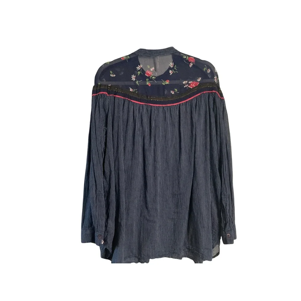 Free People Hearts and Colors Tunic Top Navy Blue Floral Stripe Mixed Media M